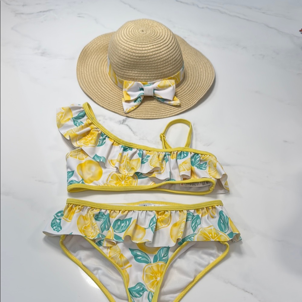 Kids Lemon Print Swim Set with Hat